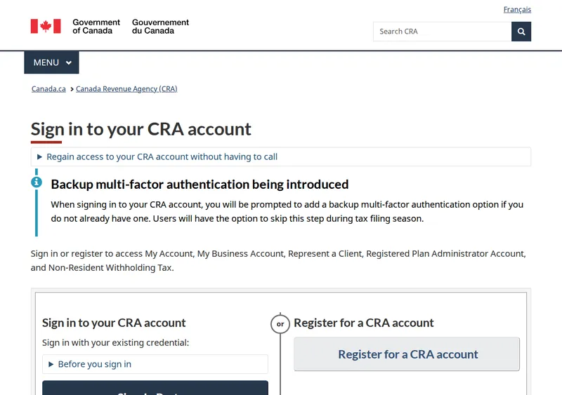 The CRA account sign-in page on canada.ca as of June 2026 — newcomers use the Register for a CRA account button on the right