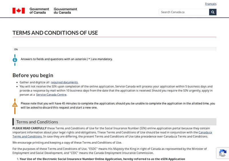 The eSIN online application portal's before-you-begin page as of June 2026 — warnings that the application has a 45-minute time limit and that the SIN response is processed within 5 business days and sent by mail