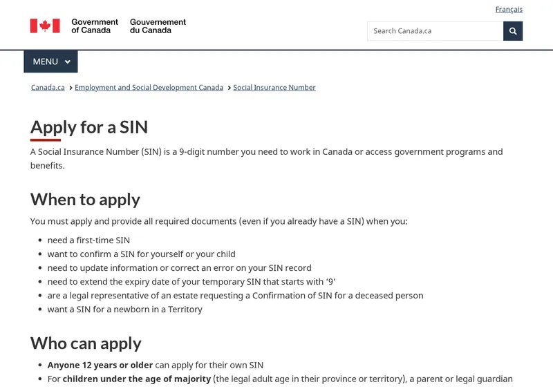 The official Apply for a SIN page on canada.ca as of June 2026 — Government of Canada header, "Apply for a SIN" title, with when-to-apply and who-can-apply sections. This is the only place to start an online application; any other "SIN service" website is a middleman or a scam
